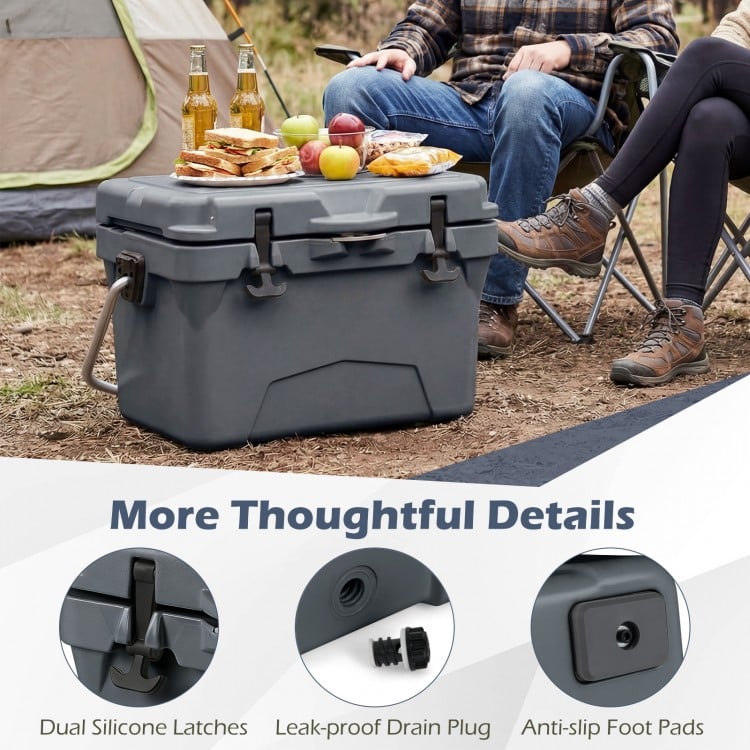 20 Quart Portable Hard Cooler in gray with dual latches, built-in ruler, and anti-slip foot pads for outdoor use.