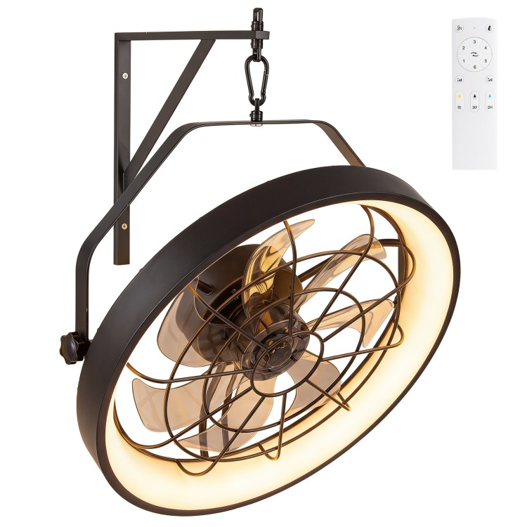 20” wall mounted fan in black with dimmable LED light, remote control, and adjustable angle for efficient airflow.