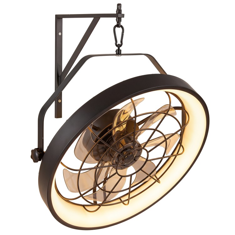 Wall-mounted 20” fan in black features 3CCT dimmable LED light, adjustable angle, and remote control for efficient airflow.