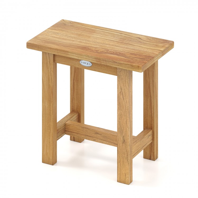 Teak shower bench with thickened panels and crossbars, ideal for shaving legs or as a shoe bench in any setting.