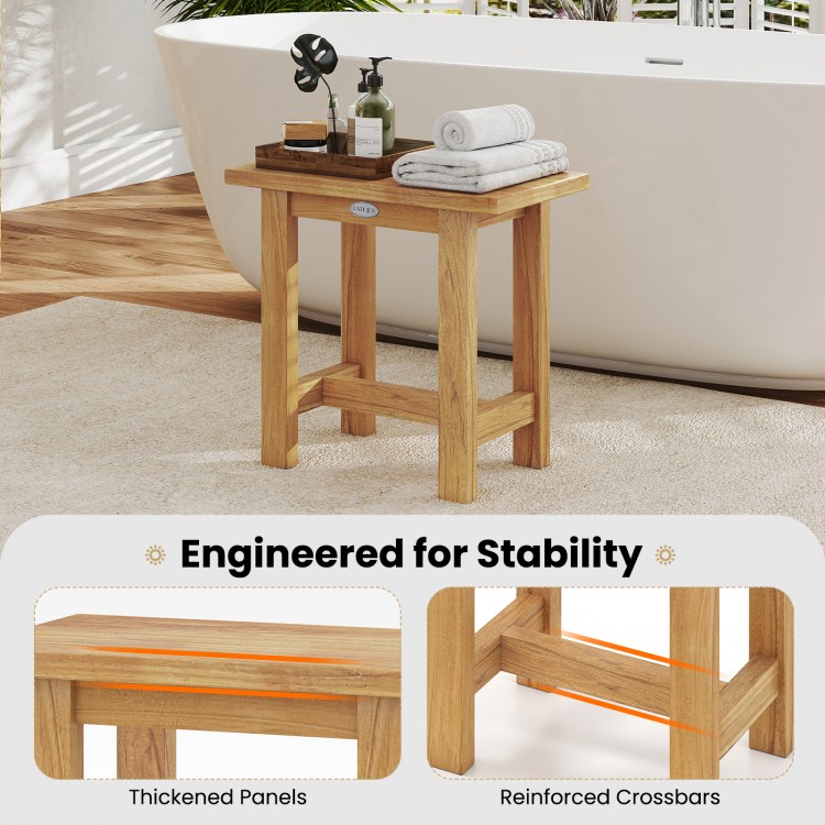 Teak shower bench with thickened panels and reinforced crossbars, ideal for shaving legs in the bathroom or outdoor use.