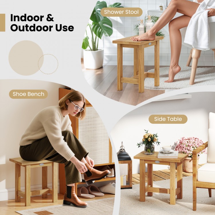 Teak shower stool with waterproof finish, ideal for shaving legs or as a shoe bench, suitable for indoor and outdoor.
