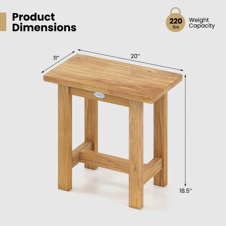 Teak shower bench with dimensions 20"x11"x18.5", designed for stability and versatility in indoor and outdoor use.