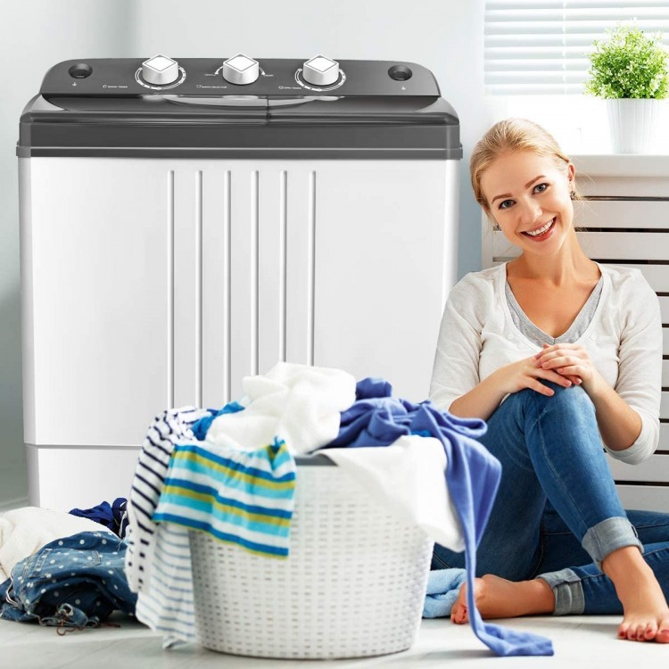 Portable semi-automatic twin-tub washing machine with separate timer controls, ideal for apartments and camping.