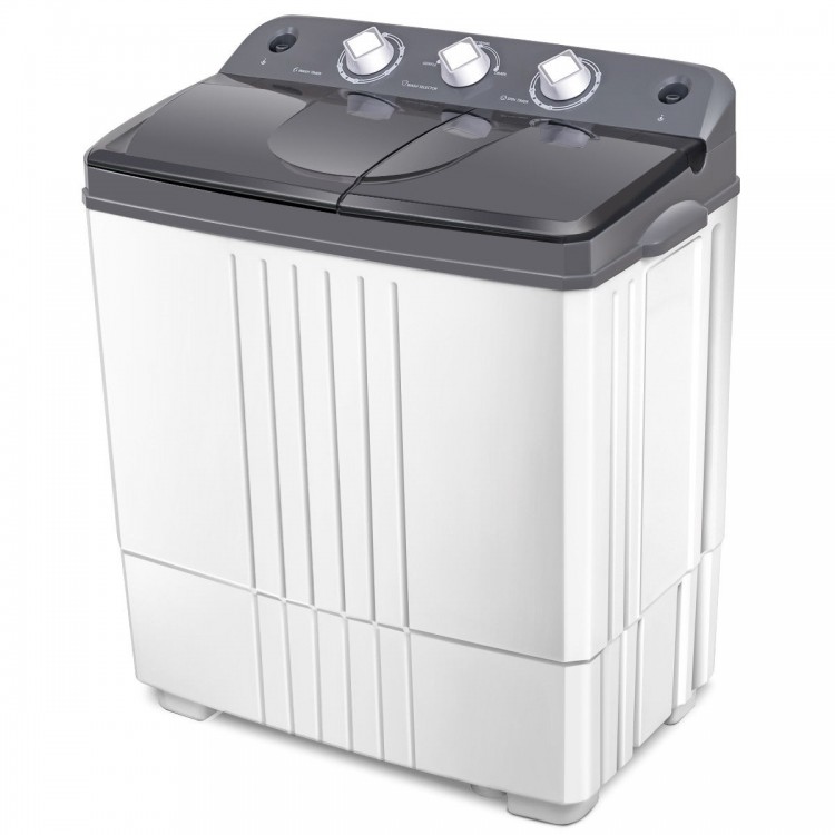 Portable semi-automatic twin-tub washing machine with separate timer controls, ideal for dorms and RVs.