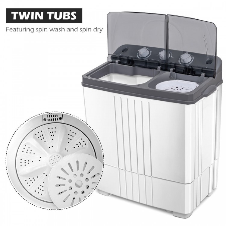 Portable semi-automatic twin-tub washing machine with separate timer controls for wash and spin, ideal for small spaces.