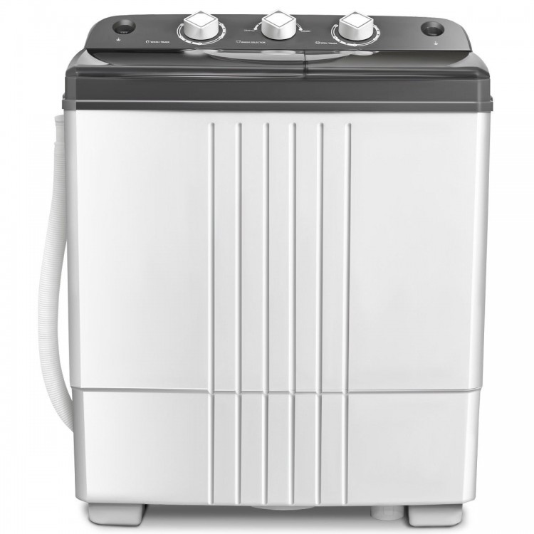 Portable 20 lbs semi-automatic twin-tub washing machine with separate timer controls for wash and spin operations.