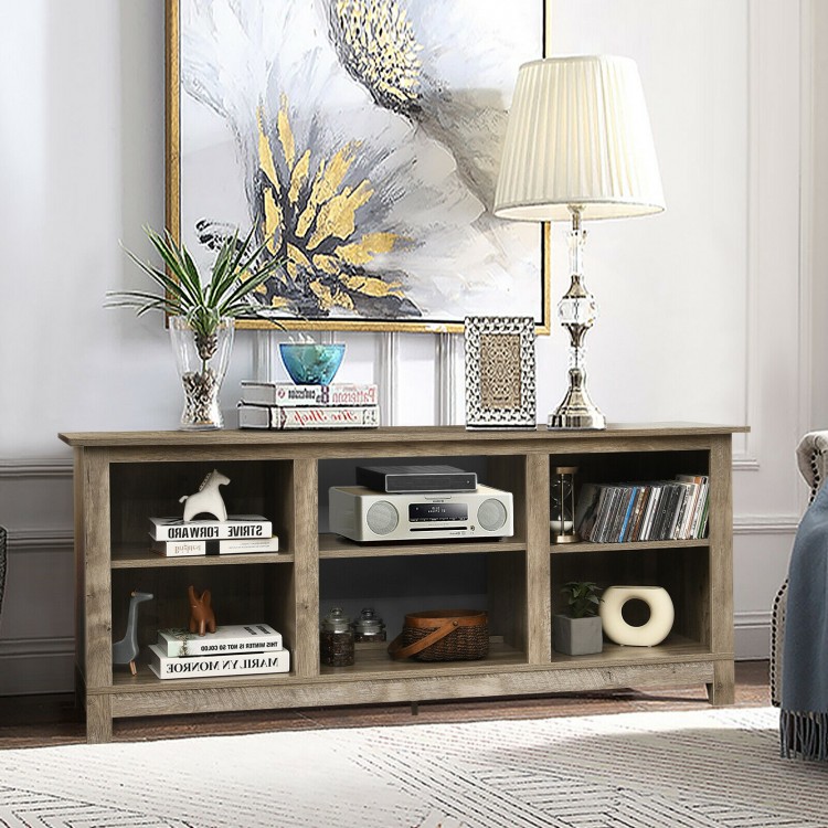 58-inch gray TV stand with 6 open shelves, made of engineered wood, perfect for living room or bedroom decor.