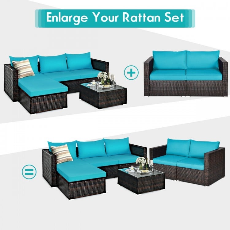 Blue cushions adorn this 2PCS patio rattan sectional sofa set, featuring a sturdy steel frame for outdoor relaxation.