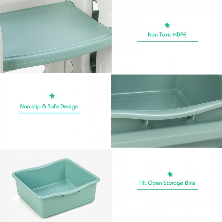 Tilt open storage bins in green HDPE for kids' toy organization, featuring a non-slip design and safe edges.