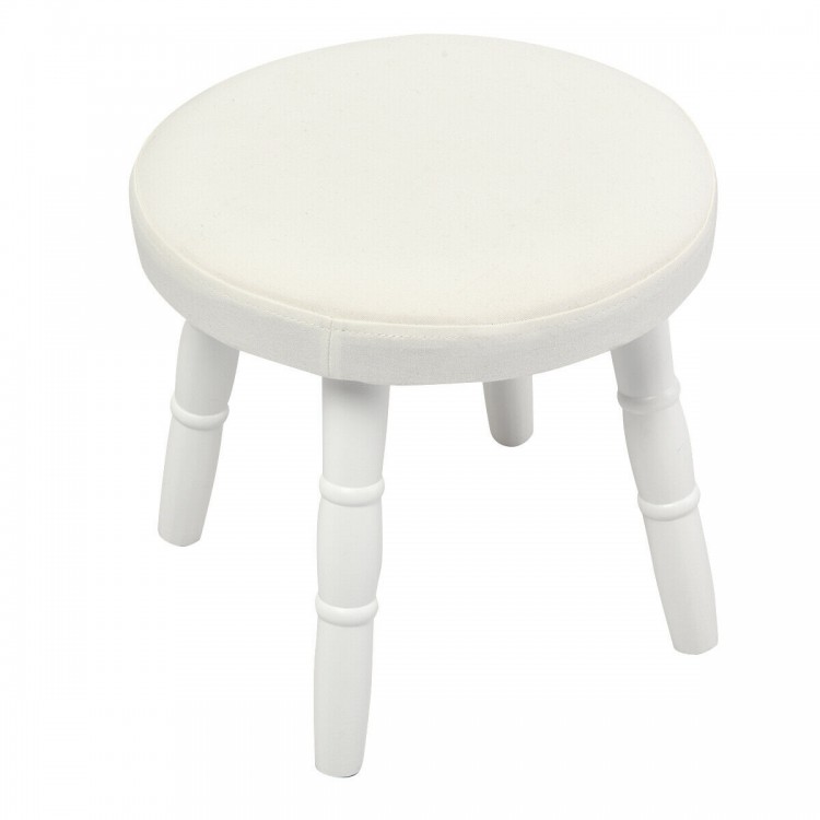 Round white stool with thick cushion, made of pinewood, ideal for a vanity set in a child's bedroom or playroom.