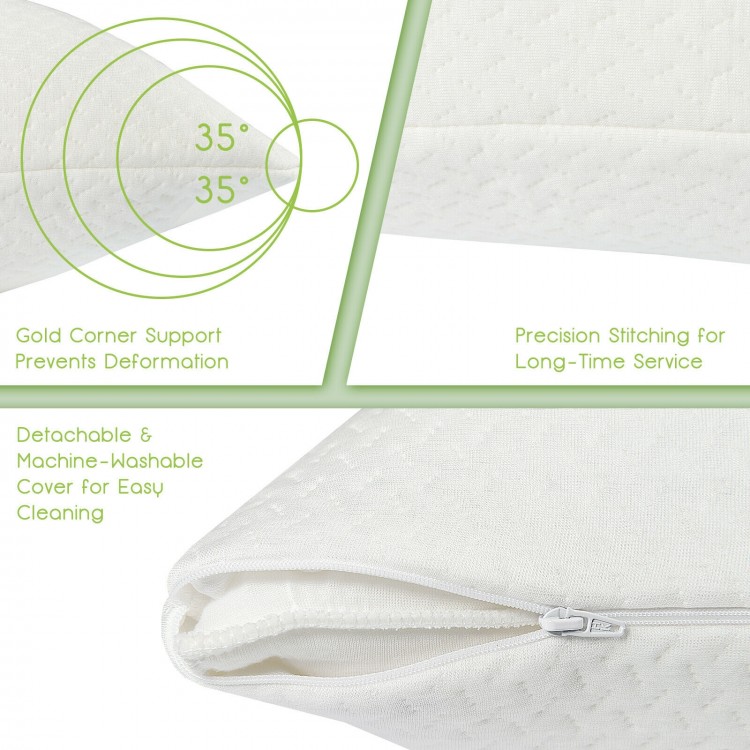 Detail of the 28 x 18 inch shredded memory foam pillow with bamboo cover, featuring a zipper for easy cleaning.