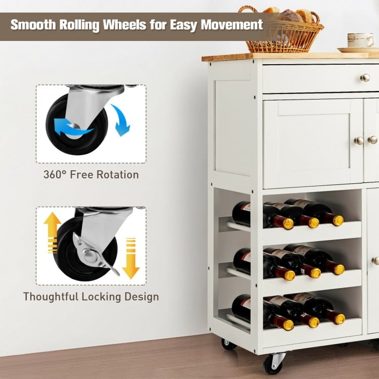 Close-up of the kitchen cart's smooth rolling wheels, featuring a locking design for stability and easy movement.