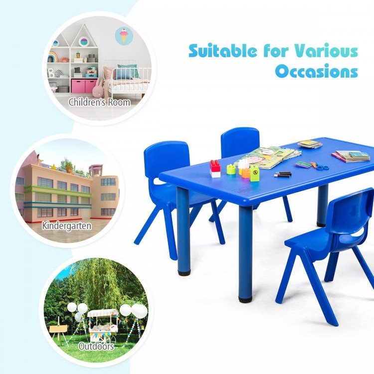 Kids plastic rectangular learn and play table in blue, designed for indoor and outdoor use in daycares and classrooms.