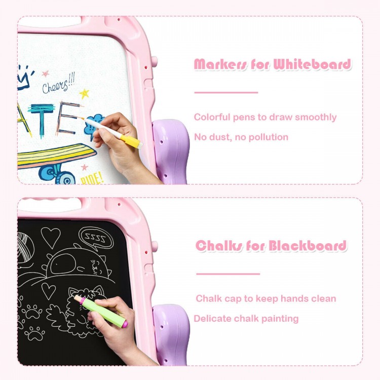 Colorful markers for the magnetic whiteboard of the pink height adjustable kids art easel, promoting creativity and fun.