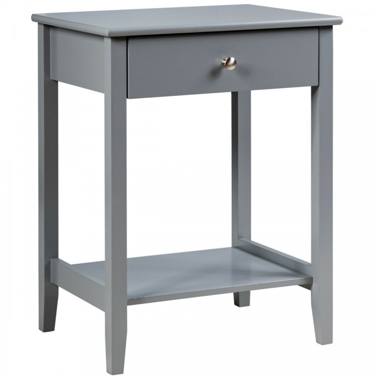Gray wooden bedside sofa table featuring a pull-out drawer and open shelf for convenient storage and organization.