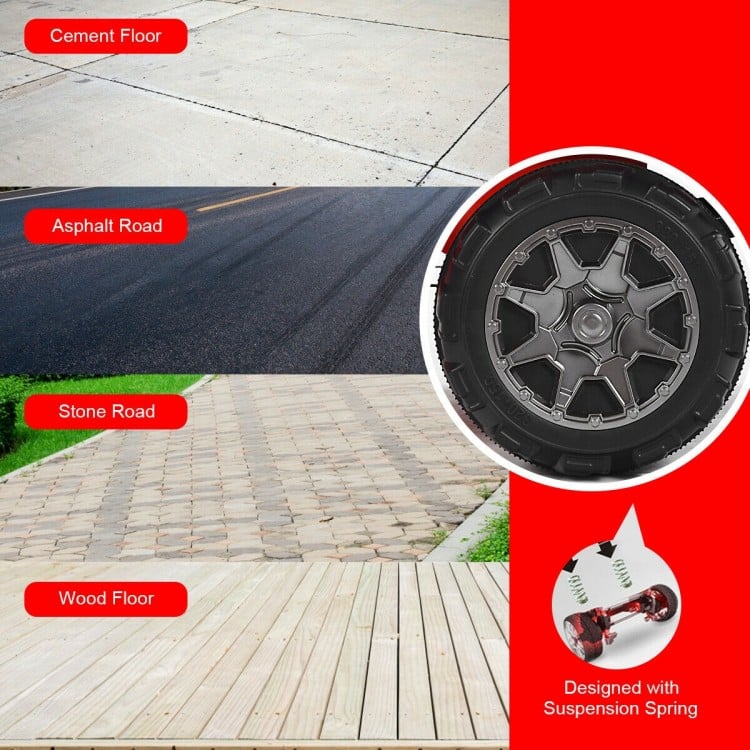 Close-up of the 12V ride-on car's wheel, designed for smooth driving on various surfaces like wood and asphalt.