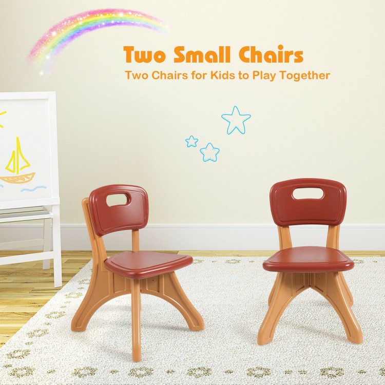 Two small plastic chairs in red and tan, perfect for kids' activities, play, and learning in various settings.