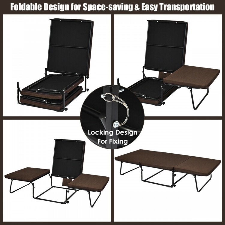 Folding guest sleeper bed in brown with 6 adjustable positions, sturdy steel frame, and convenient foldable design for.