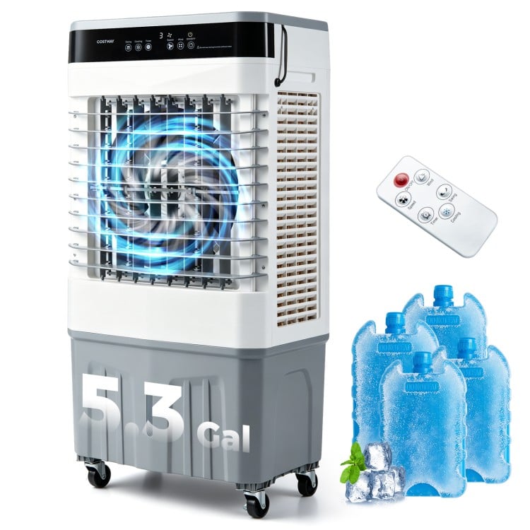 Evaporative air cooler with 5.3-gallon tank, 2100 CFM airflow, and remote control for efficient indoor and outdoor cooling.