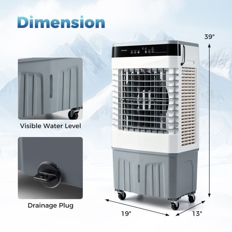2100 CFM 3-in-1 evaporative air cooler in white features a large 5.3-gallon water tank and universal wheels for easy mobility.