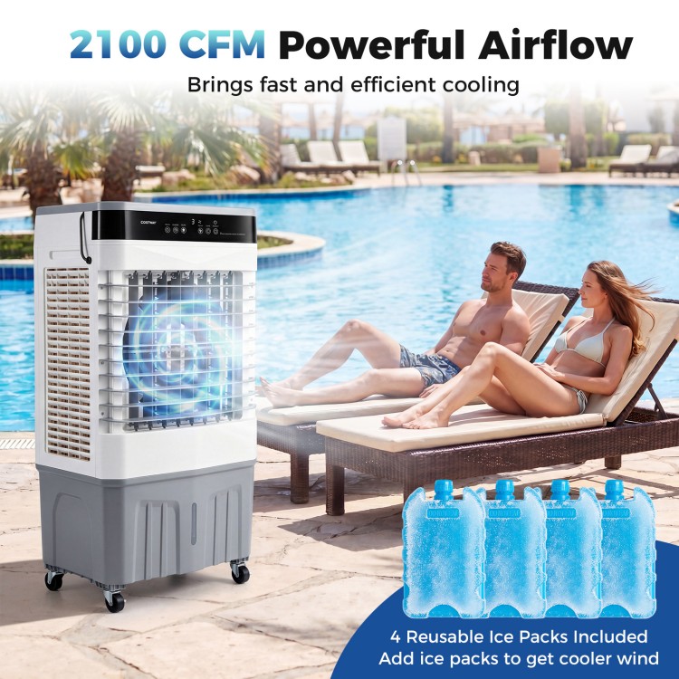 2100 CFM evaporative air cooler with 5.3-gallon tank, featuring reusable ice packs for enhanced cooling in outdoor settings.