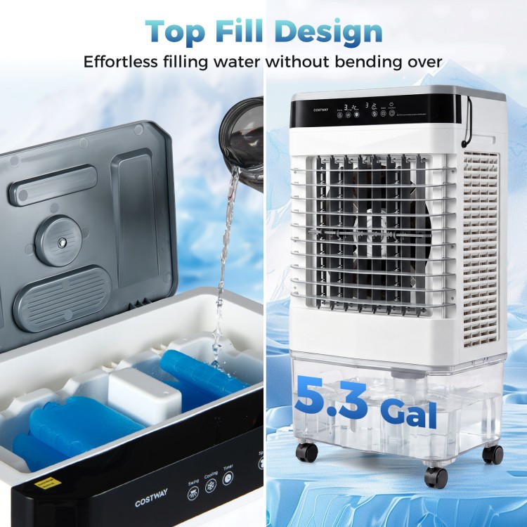 Top fill design of the 2100 CFM evaporative air cooler allows effortless water refilling for continuous cooling.