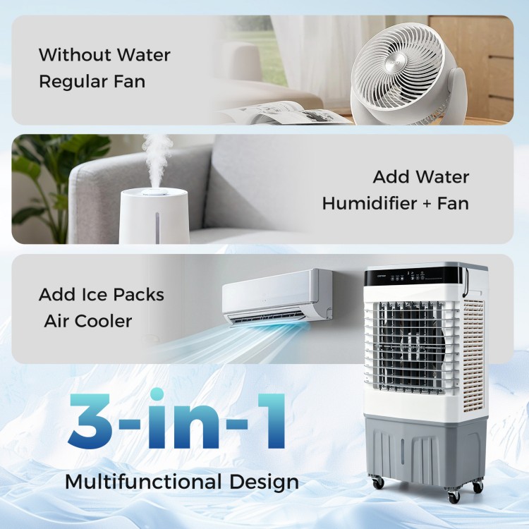 2100 CFM 3-in-1 evaporative air cooler with 5.3-gallon tank, offering cooling, humidifying, and air circulation for indoor use.
