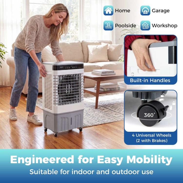 Evaporative air cooler with 2100 CFM airflow, 5.3-gallon tank, and 360° wheels for easy indoor and outdoor mobility.