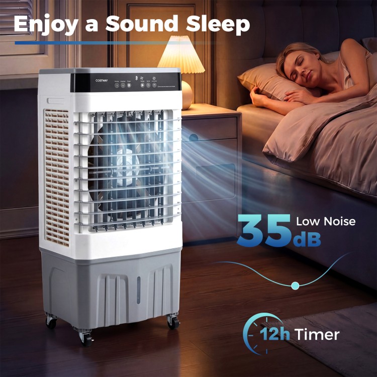 2100 CFM evaporative air cooler with 5.3-gallon tank, low noise at 35dB, ideal for indoor and outdoor cooling.
