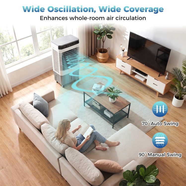 Evaporative air cooler with 2100 CFM airflow, 5.3-gallon tank, and wide oscillation for efficient indoor cooling.
