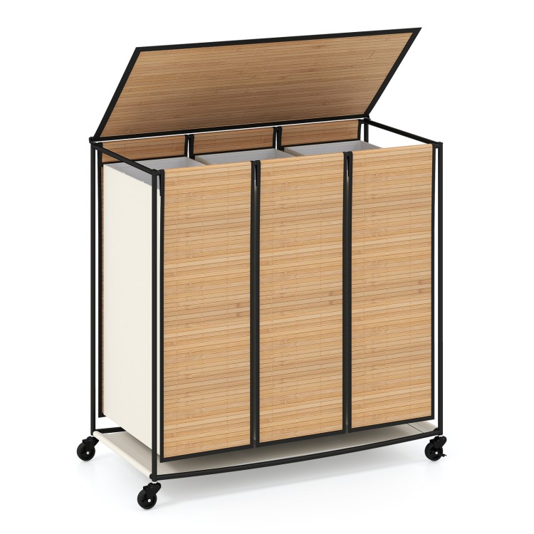 Three-section natural bamboo laundry hamper with lid and lockable wheels for easy mobility and sorting clothes.