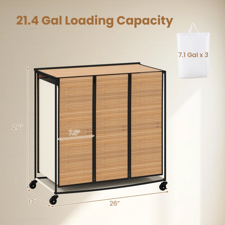 Three-section laundry hamper with lid, natural bamboo slats, 21.4-gallon capacity, ideal for sorting clothes in small spaces.