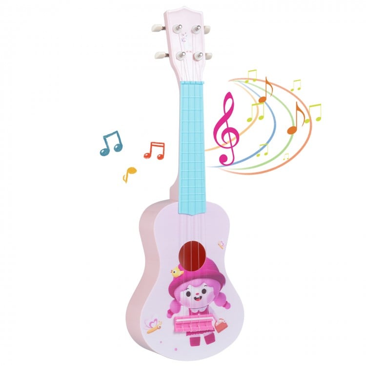 21-inch children’s mini ukulele with nylon strings, cute design, and smooth edges for safe, comfortable play.