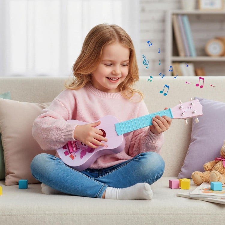 Children's 21-inch mini ukulele in pink with nylon strings, perfect for musical introduction and safe for little hands.
