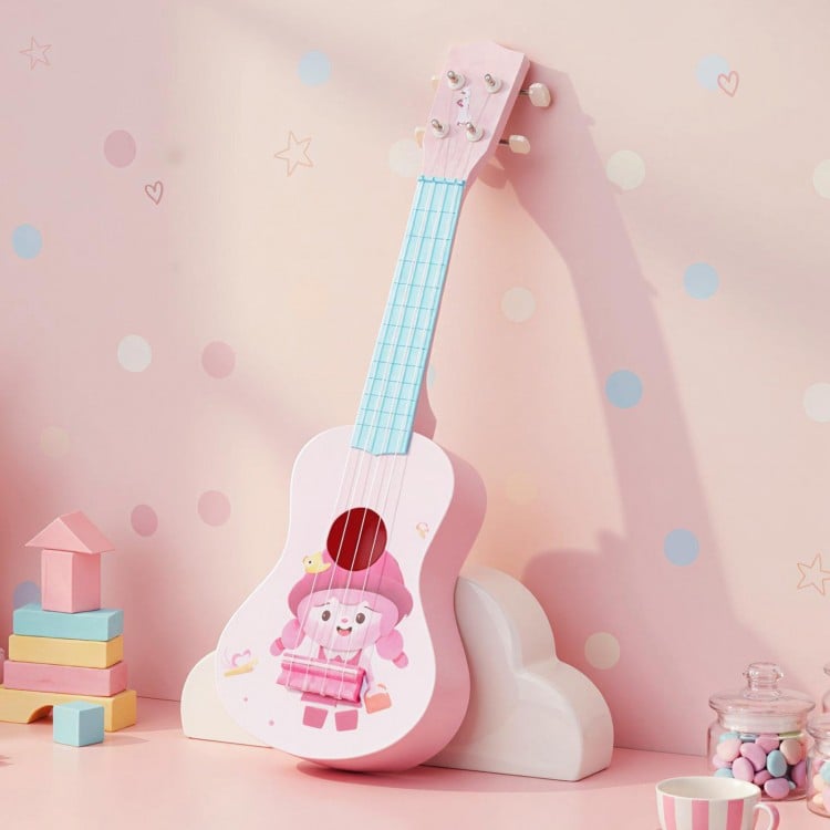 Pink 21-inch children’s mini ukulele with cute patterns, nylon strings, and smooth frets for easy play and comfort.
