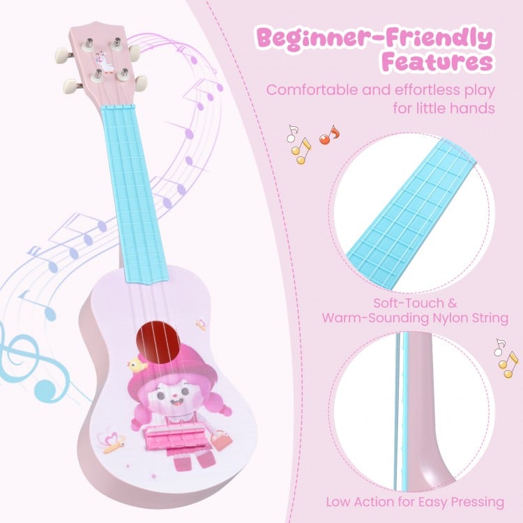21-inch children’s mini ukulele with nylon strings, designed for easy play and comfort for little hands.