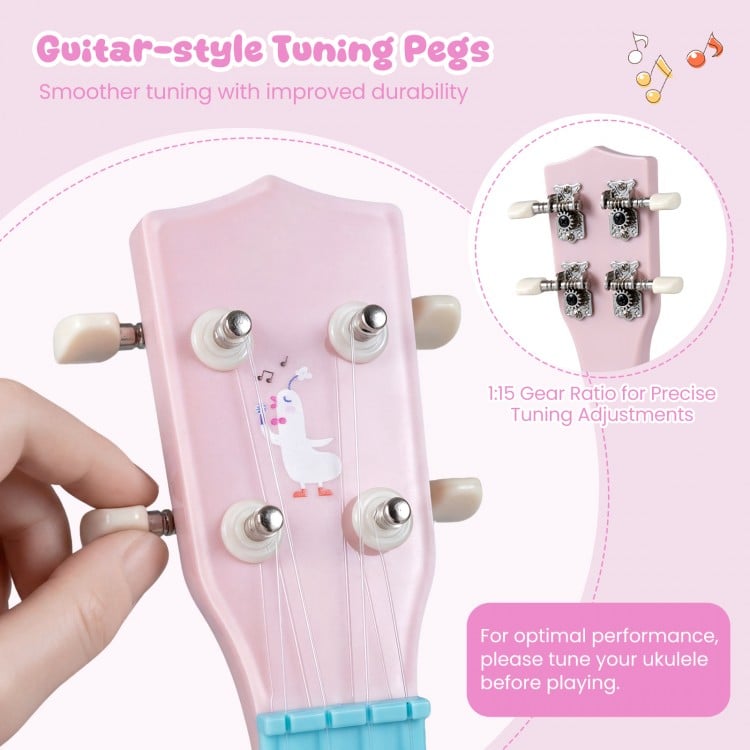 Close-up of the 21-inch children's mini ukulele headstock with guitar-style tuning pegs for easy string adjustments.