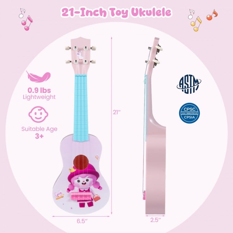 21-inch children’s mini ukulele with cute patterns, nylon strings, and smooth frets, perfect for kids aged 3+.