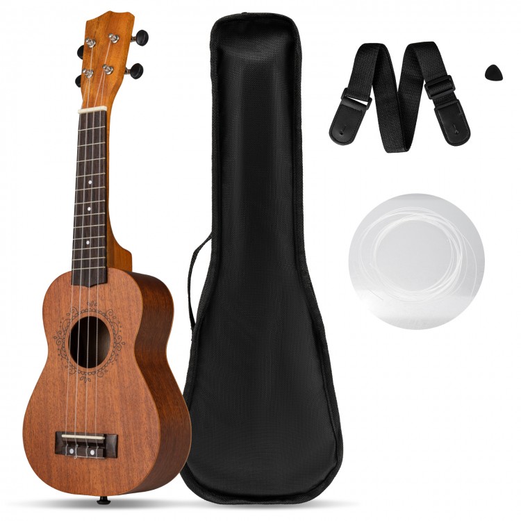 21-inch soprano mahogany ukulele set with gig bag, strap, pick, and extra strings for beginners and travel.
