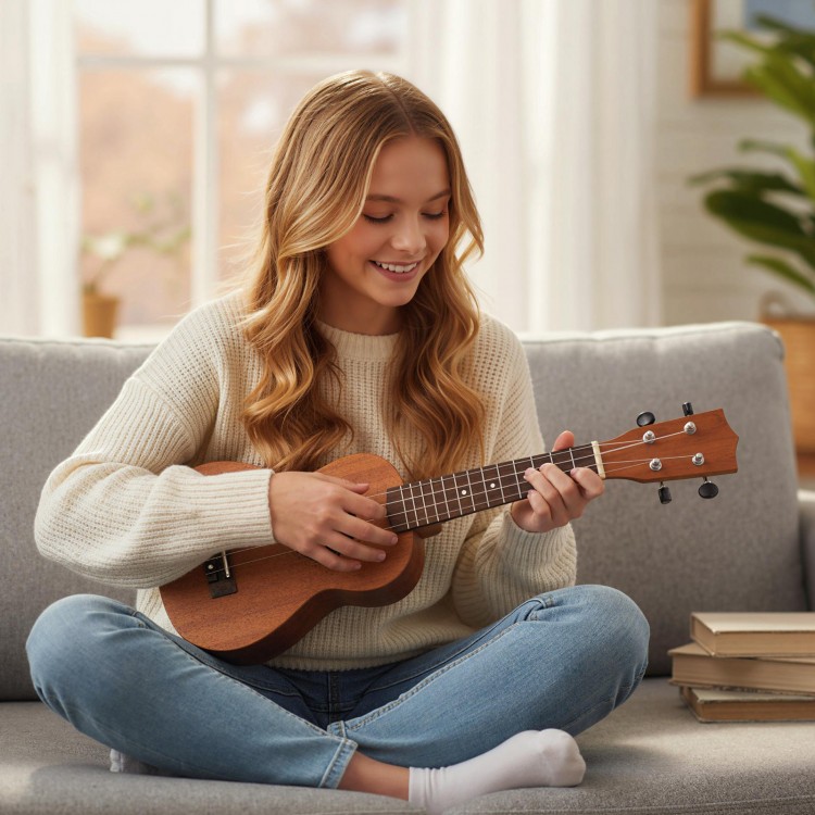 Soprano mahogany ukulele with adjustable strap, featuring 12 frets and clear nylon strings, perfect for beginners.
