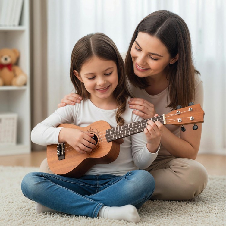 21-inch soprano mahogany ukulele set being played by a girl, featuring nylon strings and an adjustable strap for.