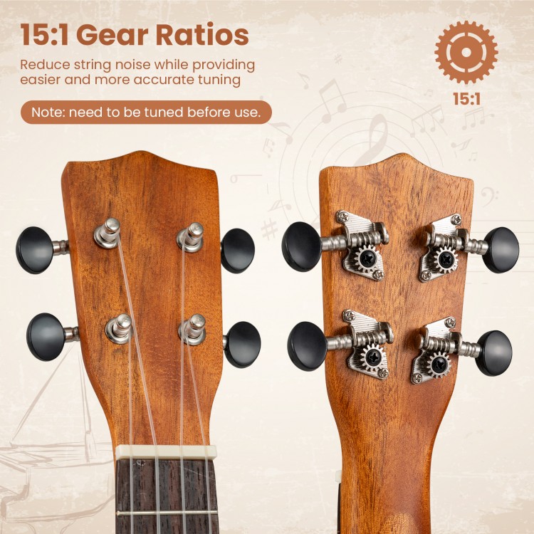 Close-up of the 21-inch soprano ukulele's mahogany headstock with 15:1 gear ratios for precise tuning and reduced noise.