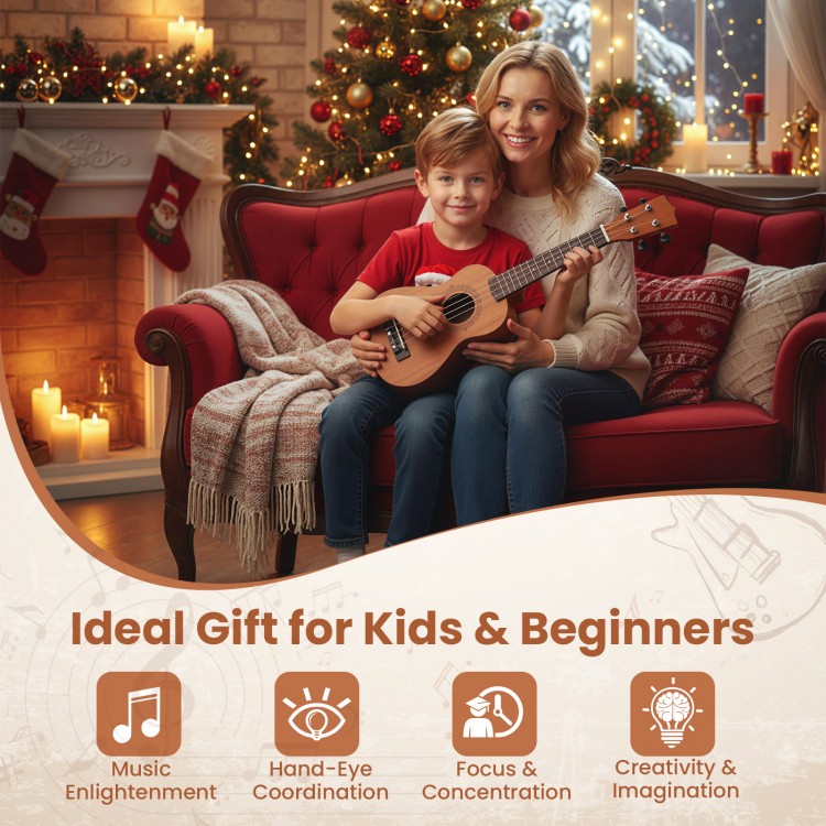 21-inch soprano mahogany ukulele set with adjustable strap, ideal for kids and beginners, includes gig bag and tuner.