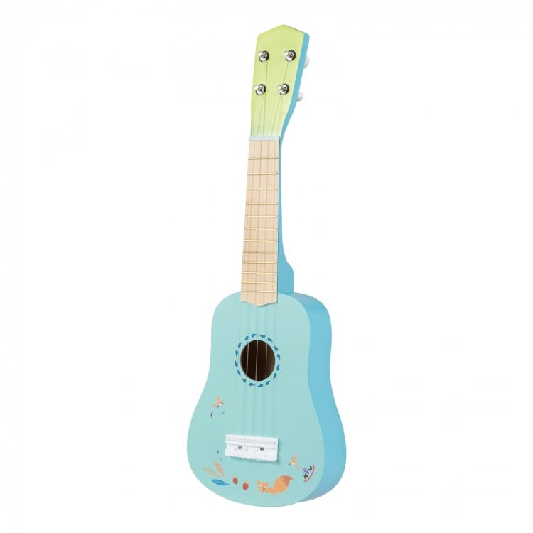 21-inch kids' ukulele in blue with a basswood body, designed for ages 3+, featuring smooth frets and nylon strings.