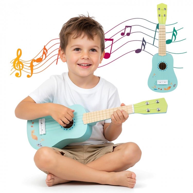 21-inch kids' ukulele with a basswood body, featuring smooth frets and nylon strings for easy play and clear sound.