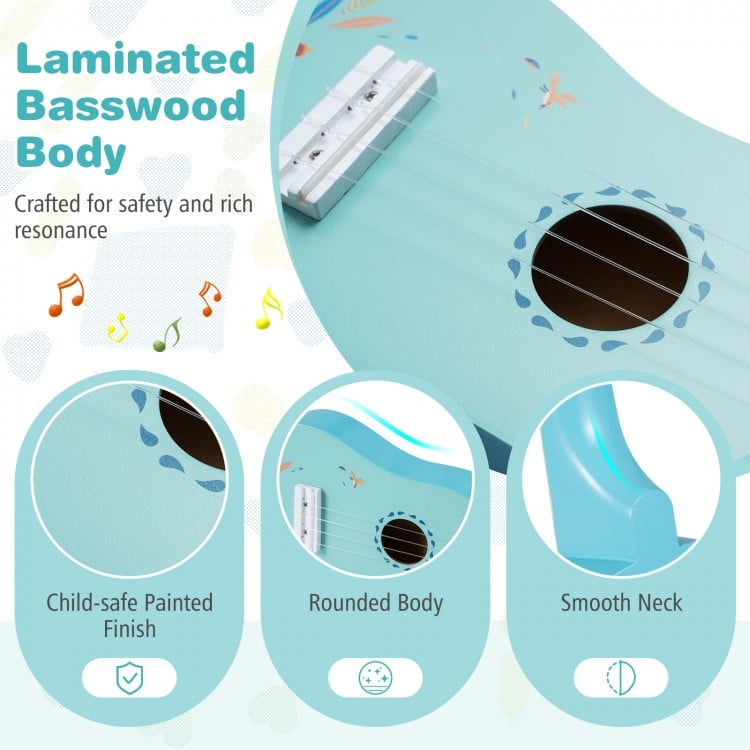 21-inch ukulele guitar for kids featuring a laminated basswood body, smooth neck, and child-safe painted finish.