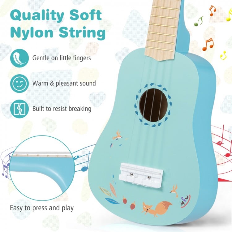 21-inch kids' ukulele with a basswood body, smooth frets, and nylon strings for easy play and pleasant sound.