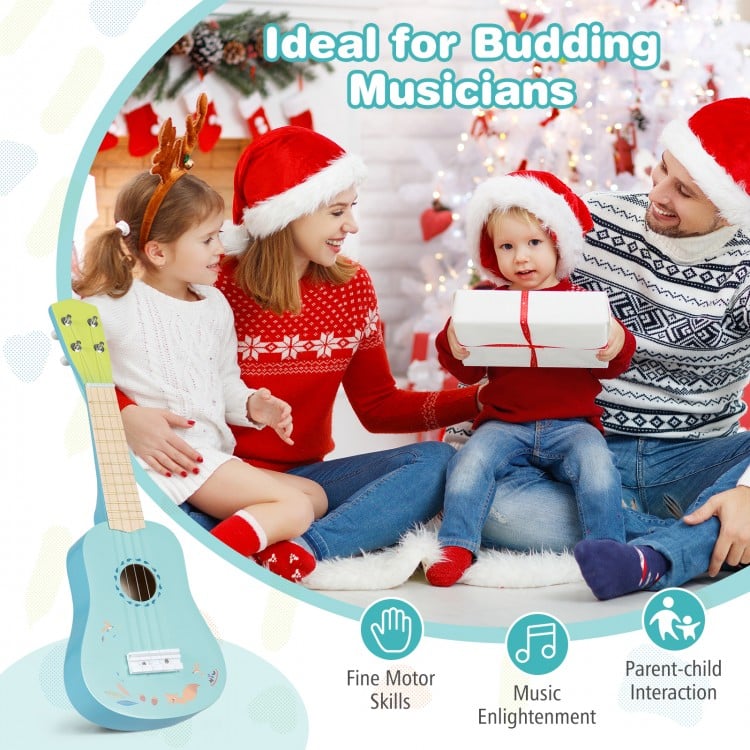 21-inch ukulele guitar for kids with basswood body, ideal for music enlightenment and fine motor skills development.