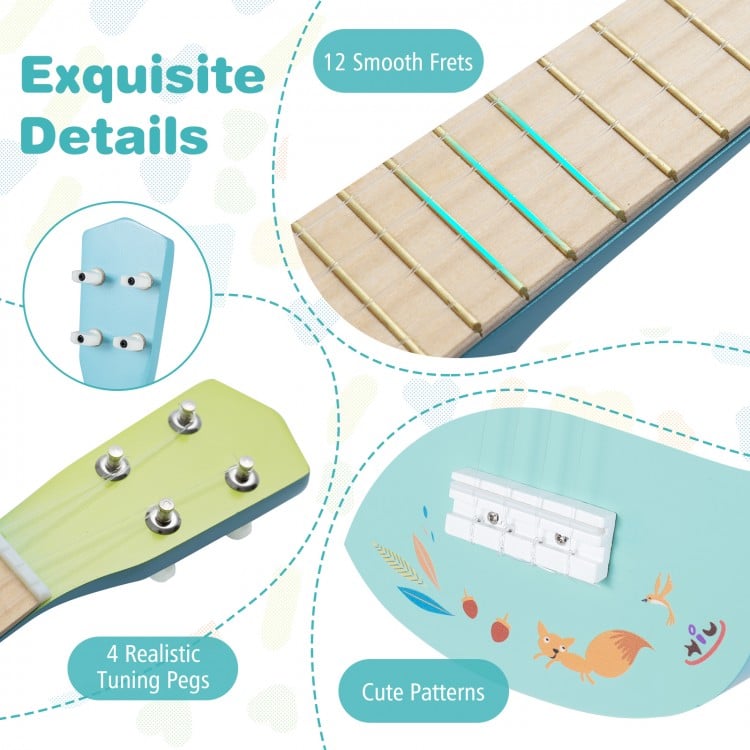 Close-up of the 21-inch ukulele neck showing 12 smooth frets and 4 tuning pegs, designed for kids' music enjoyment.